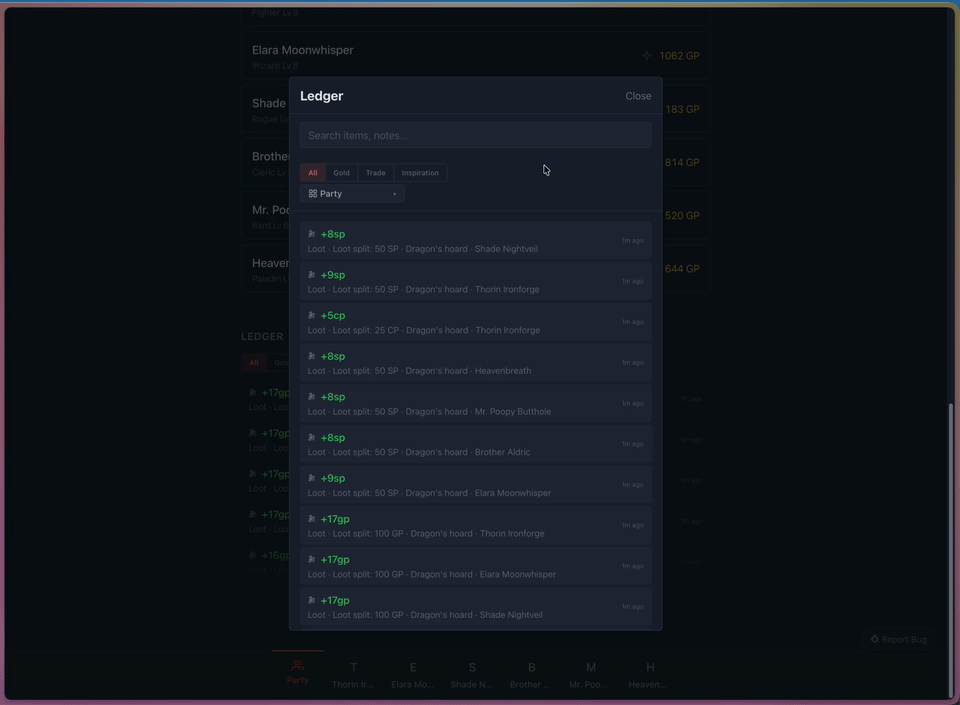 Ledger showing party transaction history