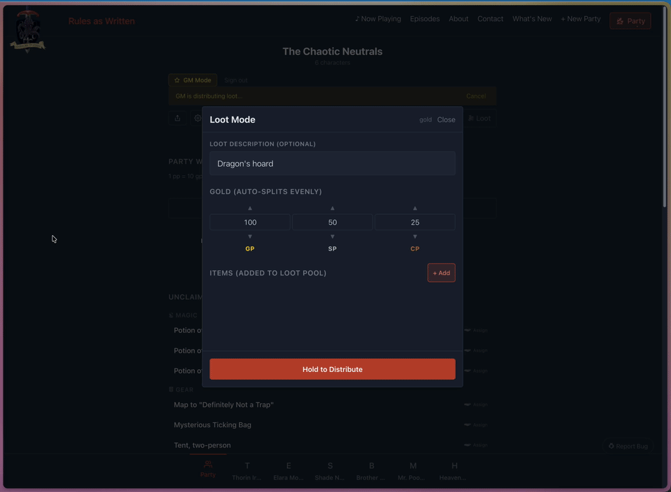 Loot Mode distributing gold and items to the party