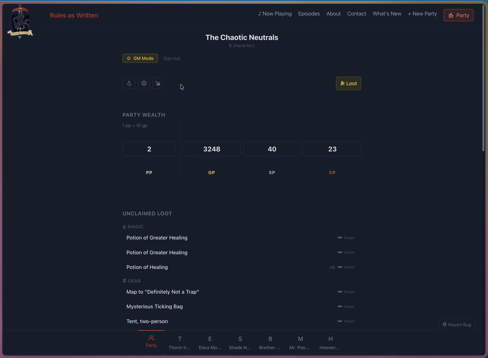 Party inventory list grouped by category
